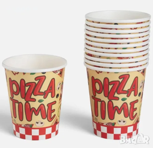 Хартиени парти чаши червени на каре „Pizza Time“ 240 мл – 12 бр., снимка 2 - Чаши - 56105014