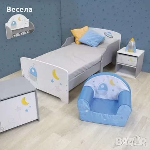 Детско легло Космос 140x70 см с ламелна основа – Бяло легло с пленети, звезди и ракета, снимка 3 - Мебели за детската стая - 56005451