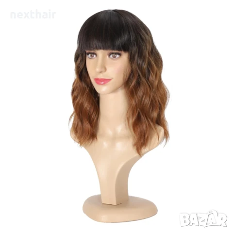 Омбре светло кафява перука с черни корени и бретон 45 см, снимка 4 - Аксесоари за коса - 50859778