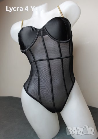 S луксозно черно боди със сатен и тюл и златисти верижни презрамки, снимка 7 - Бельо - 40552258