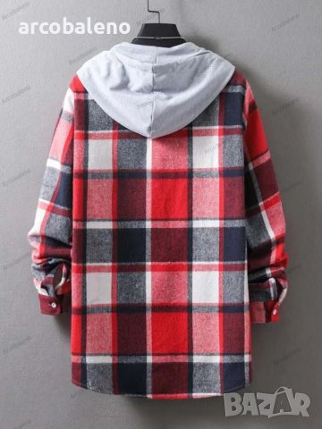 Ежедневна мъжка карирана риза (яке) с качулка, 5цвята, снимка 3 - Ризи - 42760268