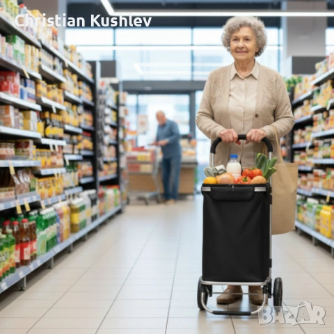 Количка за пазаруване в черен цвят – 40 л, водоустойчива, лека и удобна с 2 колела, снимка 2 - Други стоки за дома - 53279806