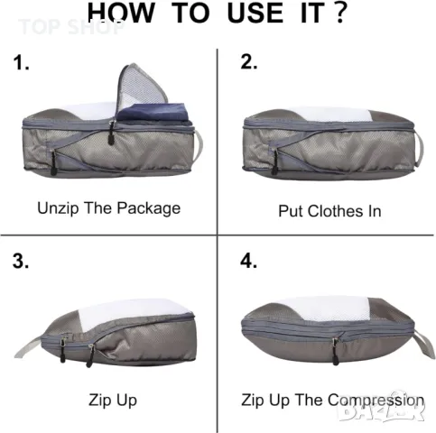 QiYiCAT 10 бр. Свръхлеки компресионни органайзери за пътуване за ръчен багаж Бежово и сиво, снимка 3 - Органайзери - 49629113