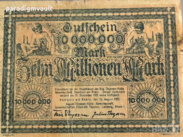 Банкнота - Германия - 10000000 марки Thyssen-Hütte | 1923г., снимка 2 - Нумизматика и бонистика - 52714177