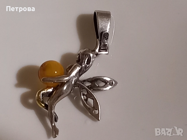 Сребърна фея с жълт кехлибар , снимка 8 - Колиета, медальони, синджири - 52041258