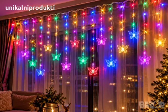 Коледни лампички LED Завеса от ПЕПЕРУДКИ 3м х 30-50см многоцветна светлина 
