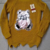 Пуловер със мече от обръщащи се пайети в цвят горчица, снимка 3 - Блузи с дълъг ръкав и пуловери - 26622279
