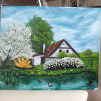Маслена картина  Пролет на село , снимка 3 - Картини - 31030999