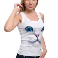 Нов дамски бял потник с 3D принт Котка със сини очи, Х-гръб, прав гръб, снимка 7 - Потници - 28361545
