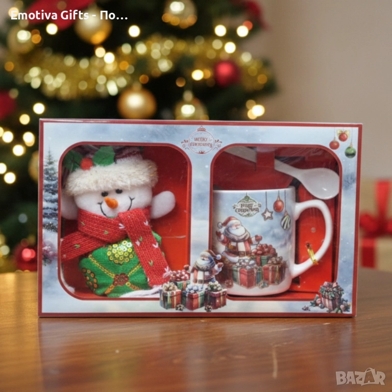 Празничен подаръчен комплект с чаша, лъжичка и снежен човек – готов за подаряване, снимка 1