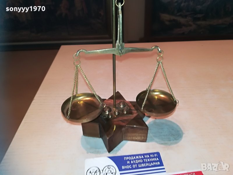 везни-18х14х10см-ретро колекция-дърво мед/месинг, снимка 1