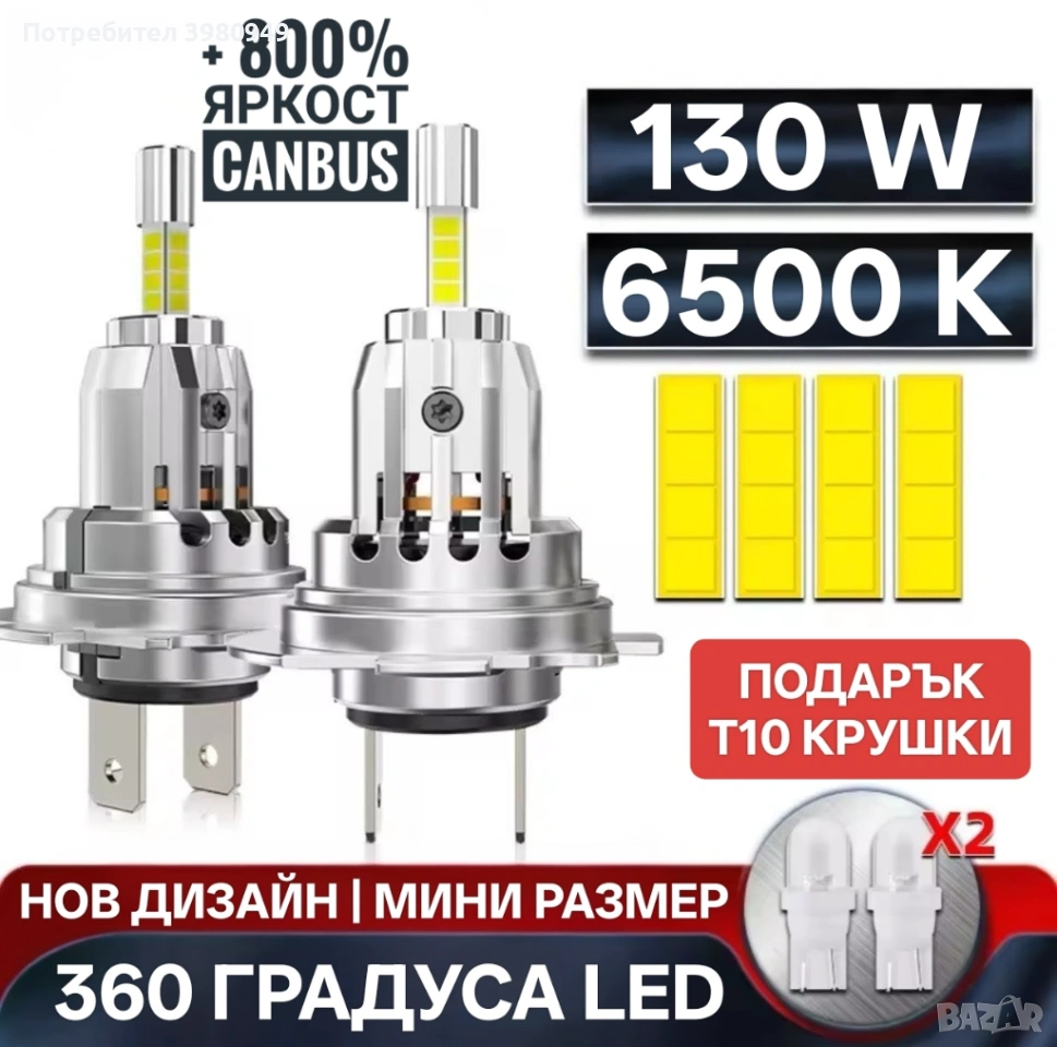 Нови mini H7 LED / мини ЛЕД диодни 360 градуса крушки с canbus и вентилатор 6500K, 130W, снимка 1