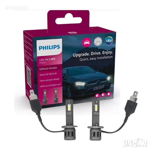  LED крушки предни фарове автомобил H1, Philips Ultinon Access 2500, 12V 13W LED крушки предни фаров, снимка 1