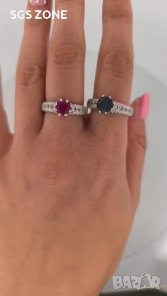 Сребърен Пръстен с Рубин или Сапфир, Заобиколен от Прозрачни Топази, снимка 1