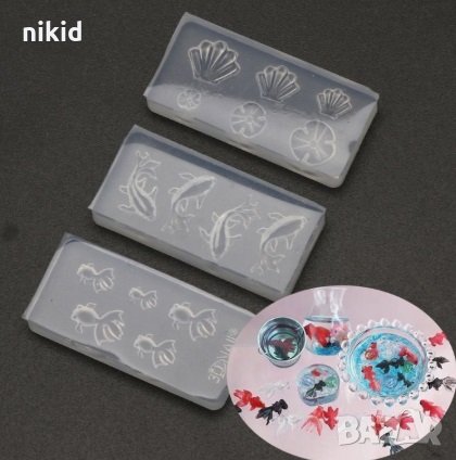 3 бр сет Миниатюрни златни рибки лотос силиконов молд форма за украса декор торта смола бижута , снимка 1