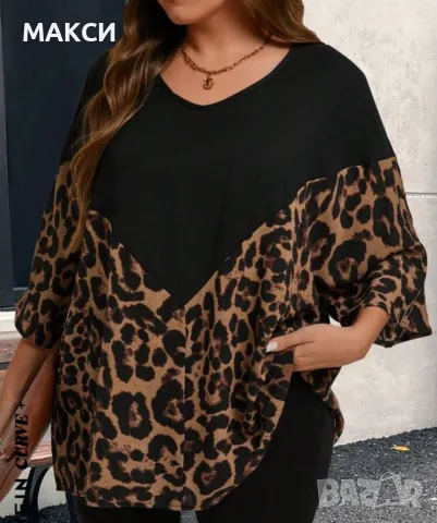 Макси модерна ефирна туника с широки ръкави в черно с леопардови мотиви, снимка 3 - Туники - 49472364