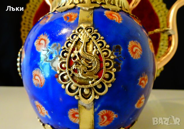 Тибетски чайник порцелан,мед и месинг. , снимка 4 - Антикварни и старинни предмети - 37512646