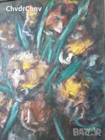 48х37см/картина масло върху фазер/натюрморт ваза с цветя/1987/дървена рамка, снимка 3 - Картини - 50823338