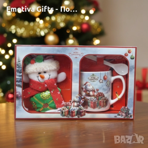 Празничен подаръчен комплект с чаша, лъжичка и снежен човек – готов за подаряване