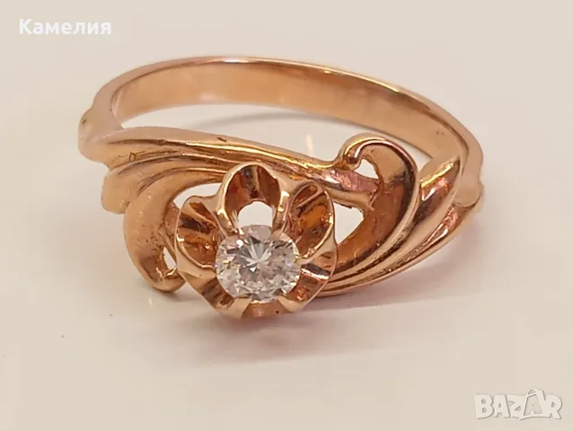 Руско злато. Пръстен с брилиант, снимка 5 - Пръстени - 56032208