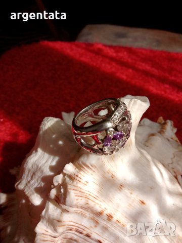 Масивен, маркиран сребърен пръстен с аметисти и циркони, снимка 3 - Пръстени - 36690286