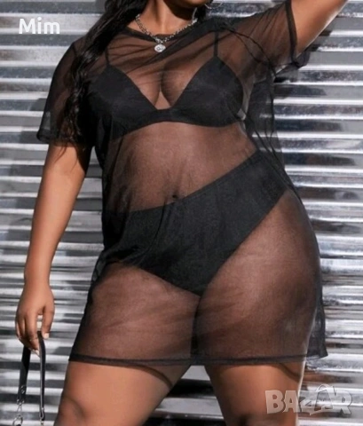 4XL Черна, ефирна, къса рокля с къс ръкав , снимка 3 - Рокли - 54232881