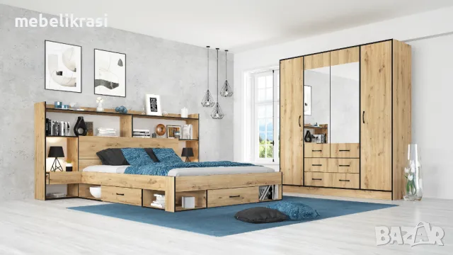 Спален комплект  Лайт за матрак 160/200см,Надстройка,Ракла,Чекмеджета,Огледала, Дъб бланко/Антрацит, снимка 3 - Спални и легла - 33448163