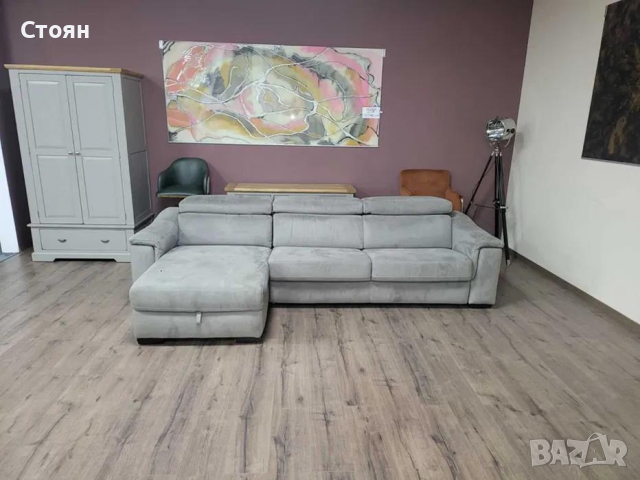 Сив ъглов диван от плат с функция сън и ракла и подвижни облегалки, снимка 1 - Дивани и мека мебел - 44606187
