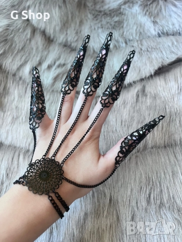 Черна перлена огърлица дантелена маска за лице готик гривна черни кристали черни пръстени, снимка 4 - Гривни - 52426386