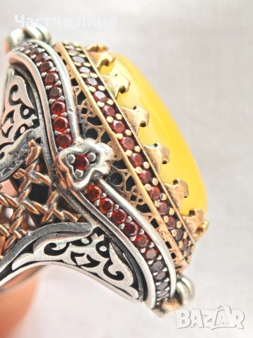 Голям Разкошен Сребърен Мъжки Султан Пръстен с Кехлибар и Карнеоли ARTUKBEY, снимка 2 - Пръстени - 53962701