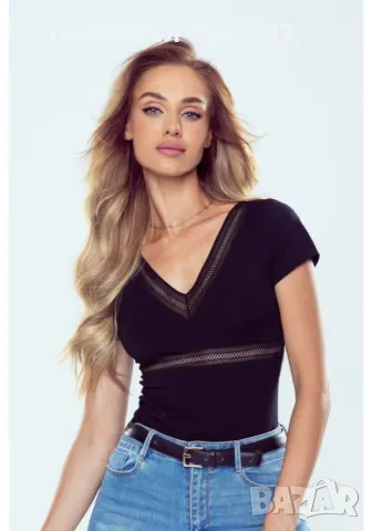 Дамска блуза с къс ръкав в черен цвят LINDA, снимка 1