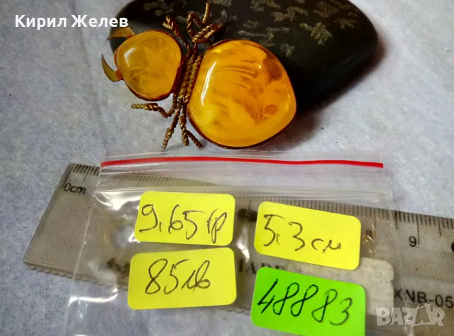 Стара ПОЗЛАТЕНА МЕДНА ФИГУРАЛНА КЕХЛИБАРЕНА БРОШКА БРЪМБАР Ръчна МАЙСТОРСКА ИЗРАБОТКА 48883, снимка 6 - Антикварни и старинни предмети - 48444573