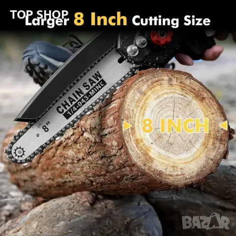 Мини верижен трион Seesii 8 инча, с автоматично масло, 2 бр. 2000mAh батерии, снимка 3 - Градинска техника - 49937976