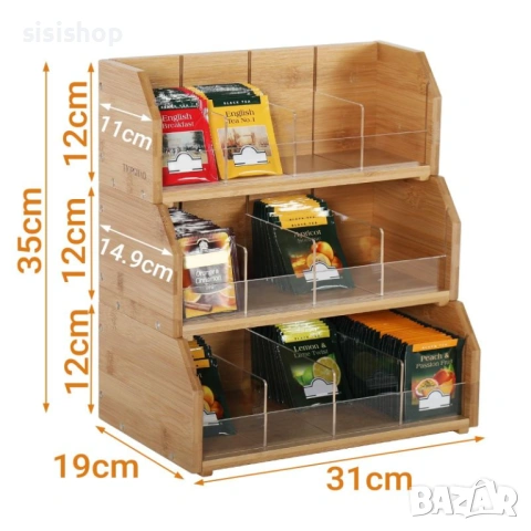 Луксозен бамбуков органайзер за чай 3-в-1 – Кутия с 12 отделения за съхранение и подреждане 4631, снимка 5 - Други стоки за дома - 53983908