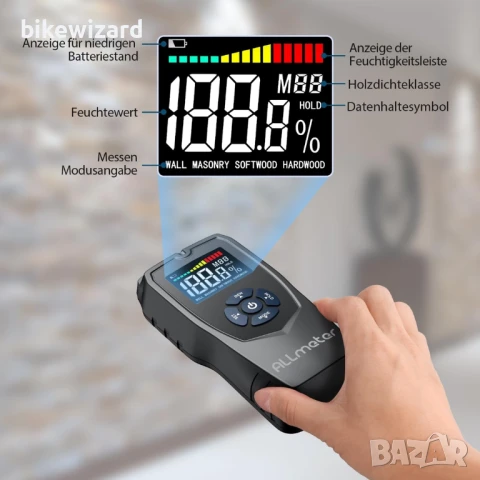 ALLmeter Безиглен влагомер за стена и дърво с LCD дисплей НОВ, снимка 4 - Измервателни инструменти - 50582128