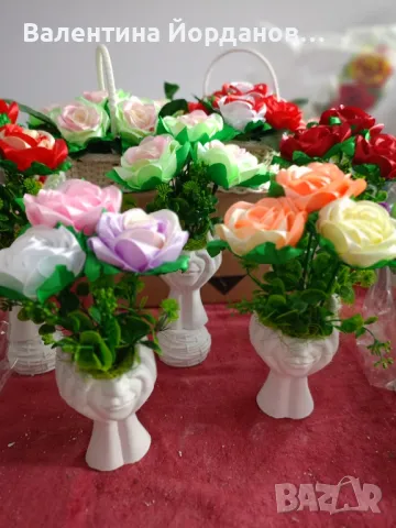 ръчно изработени кашпи и цветя от сатенени ленти , снимка 5 - Декорация за дома - 49156769