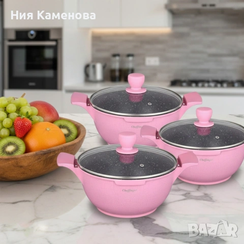 Комплект от 3 тенджери Cheffinger с мраморно покритие с капаци, снимка 2 - Съдове за готвене - 53150947