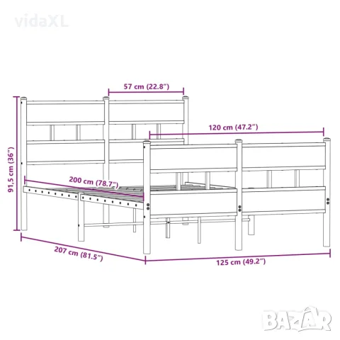 vidaXL Метална рамка за легло, без матрак, опушен дъб, 120x200 см, снимка 9 - Спални и легла - 56147478