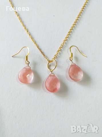 Прелестни обици с красиви камъни Черешов Турмалинов кварц капка, снимка 5 - Обеци - 40714106