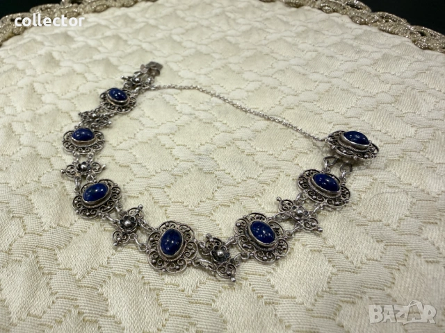 Сребърна гривна с естествени камъни - Лапис Лазули. №8009, снимка 4 - Гривни - 53947215