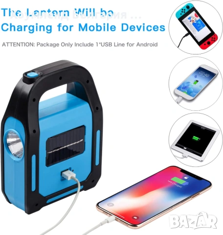 Соларен акумулаторен фенер, прожектор и зарядно 3в1, снимка 4 - Прожектори - 54216286