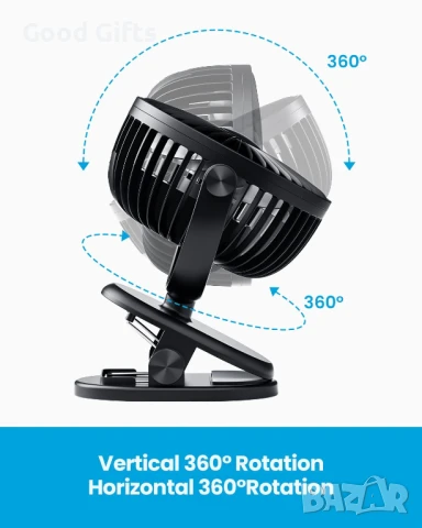 Мощен въртящ се USB вентилатор с щипка – 720° ротация, 3000mAh батерия, три скорости, преносим и без, снимка 6 - Други стоки за дома - 51060277