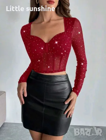Парти бордо топ с блестящи елементи, снимка 3 - Корсети, бюстиета, топове - 49731013