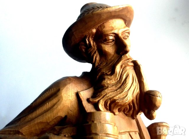 Стара голяма дървена фигура на ловец с лула и халба бира, снимка 10 - Антикварни и старинни предмети - 42060036