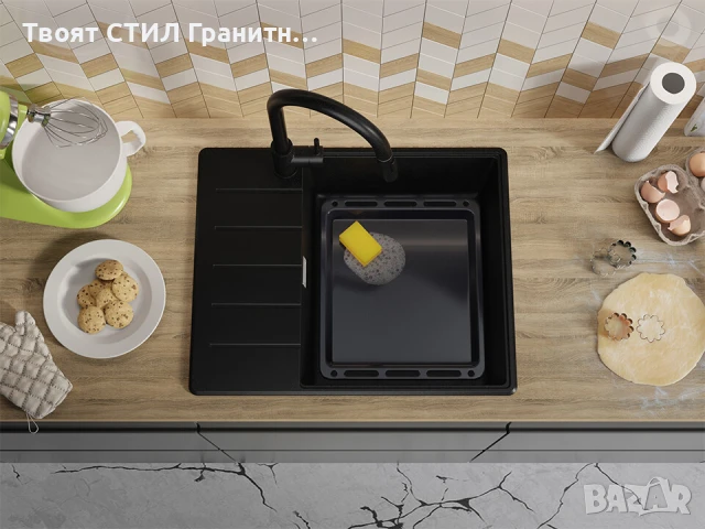 Черна кухненска гранитна мивка Копенхаген 50 Top 620х500, снимка 7 - Мивки - 51299485