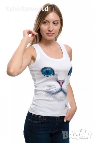 Нов дамски бял потник с 3D принт Котка със сини очи, Х-гръб, прав гръб, снимка 7 - Потници - 28361545