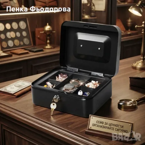 Метална касичка с ключ за пари и документи – преносим сейф с органайзер за монети 20 × 16 × 9 см, снимка 2 - Каси и сейфове - 55874201