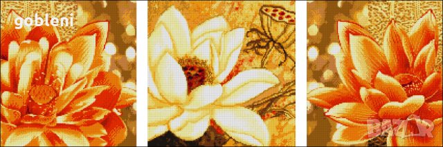 гоблен триптих"СЛЪНЧЕВИ МАГНОЛИИ"-D45;3 броя, всеки с размери/17*17/см. 24 цвята;48лв, снимка 2 - Гоблени - 7469816