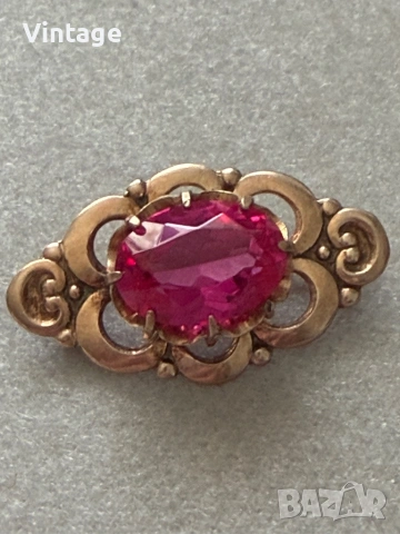 Антикварна съветска сребърна позлатена брошка с рубин , снимка 2 - Антикварни и старинни предмети - 54223416