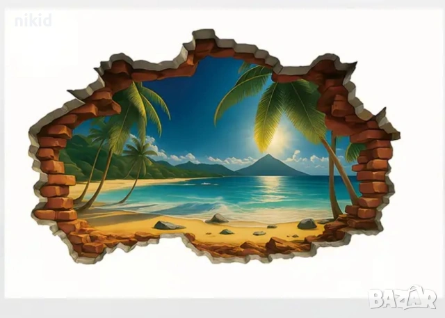 Дупка тухли изглед към море плаж с палма пейзаж стикер самозалепващ за стена декор